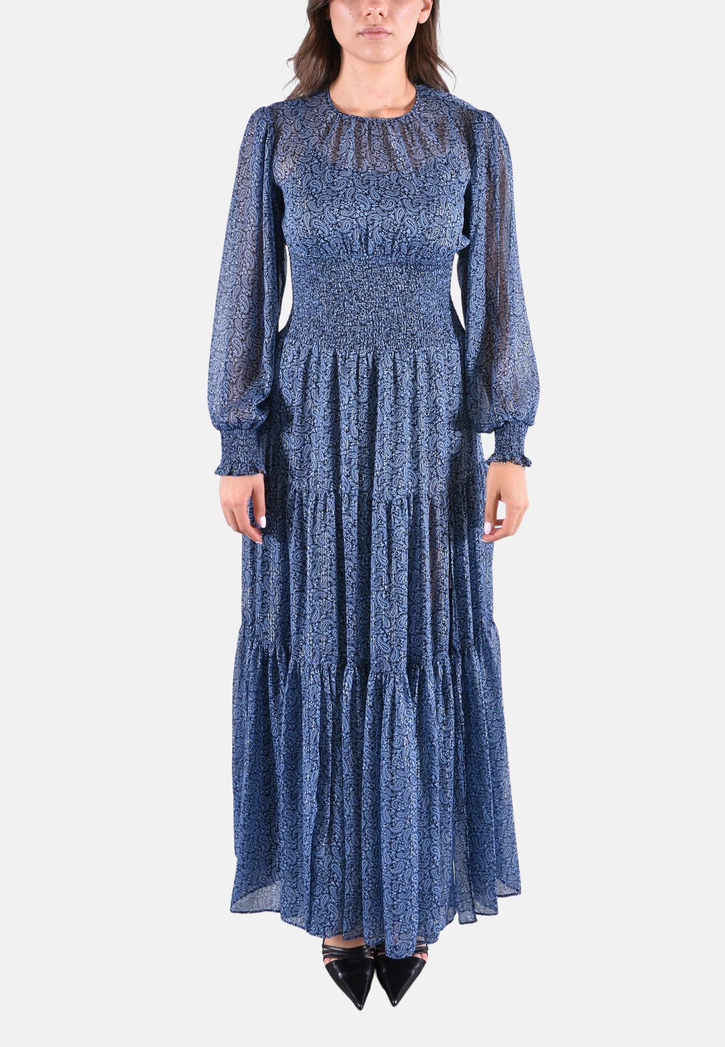 MAXI ABITO IN GEORGETTE ARRICCIATO CON STAMPA PAISLEY