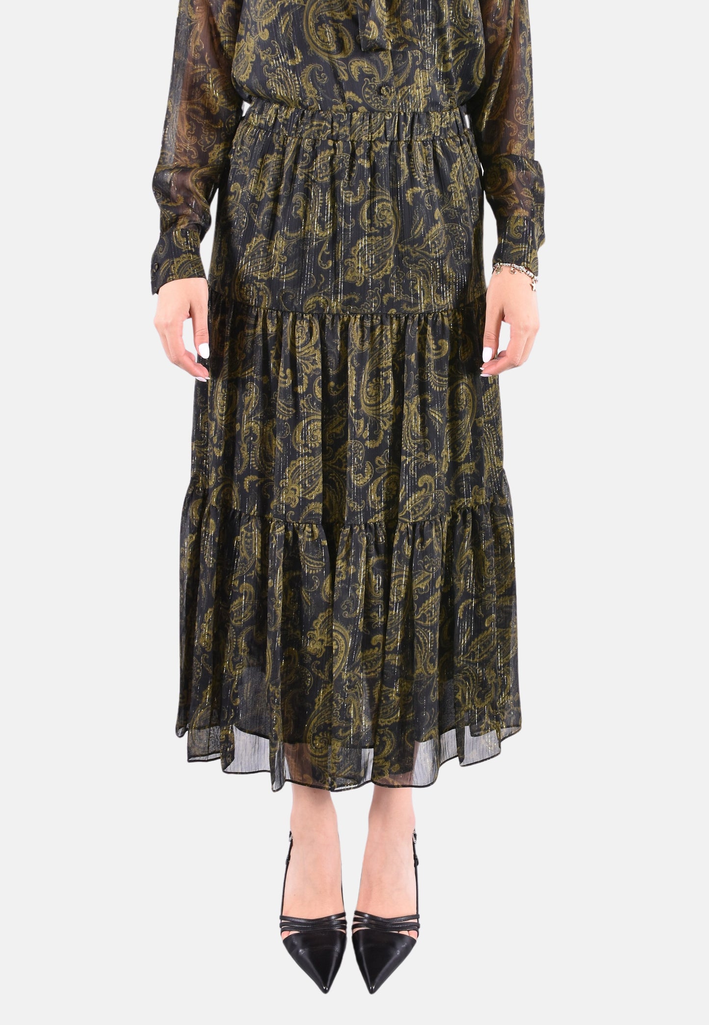 GONNA IN GEORGETTE CON STAMPA PAISLEY METALLIZZATA CON ARRICCIATURE E VOLANT