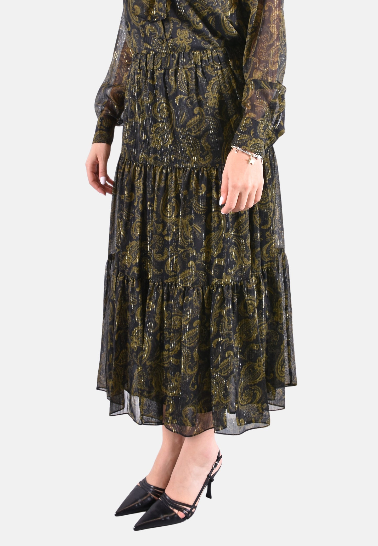 GONNA IN GEORGETTE CON STAMPA PAISLEY METALLIZZATA CON ARRICCIATURE E VOLANT