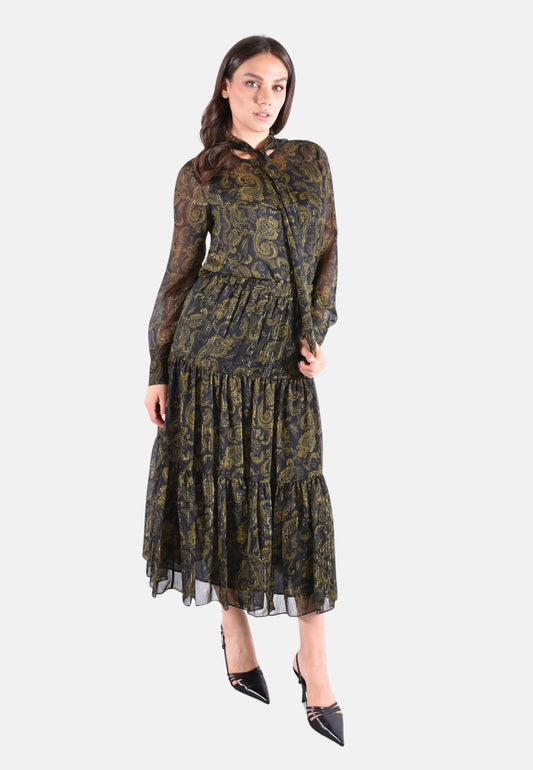 GONNA IN GEORGETTE CON STAMPA PAISLEY METALLIZZATA CON ARRICCIATURE E VOLANT