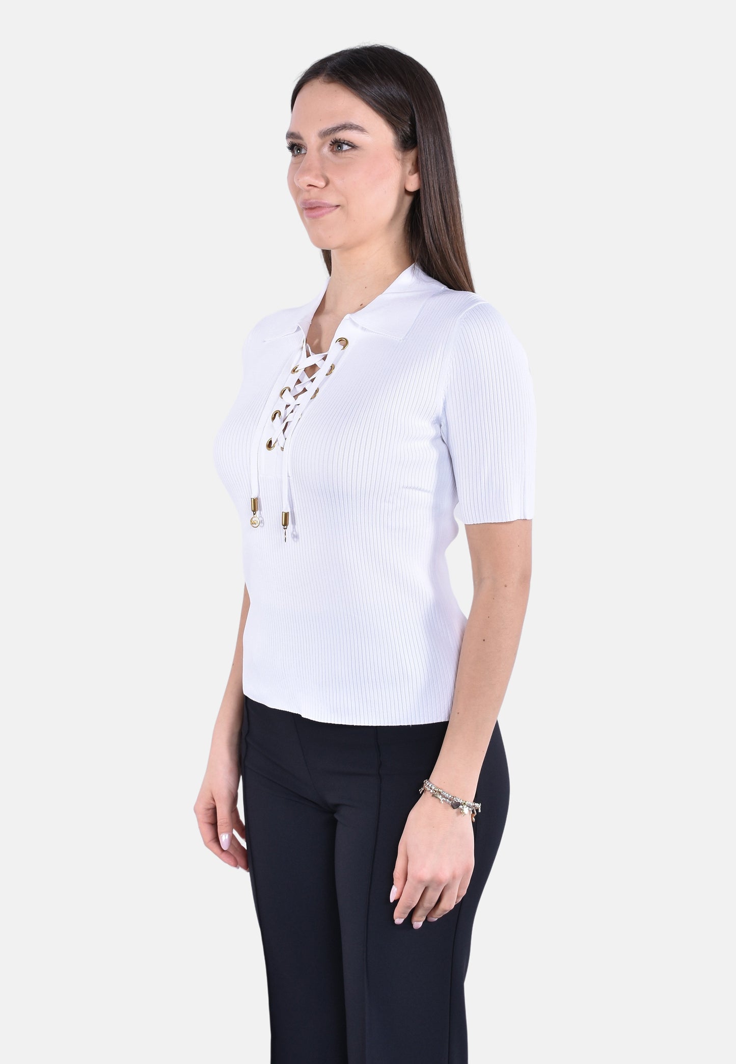 LACE UP SS POLO TOP